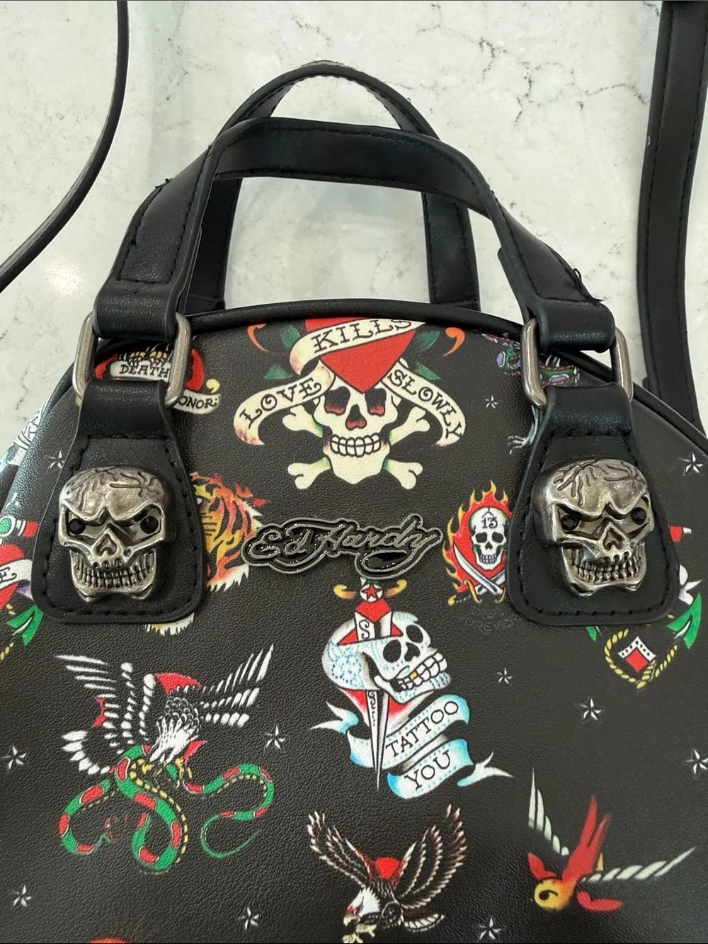 Ed Hardy Y2K Tattoo Flash Dome Satchel Crossbody Bag Black Skull Hardware